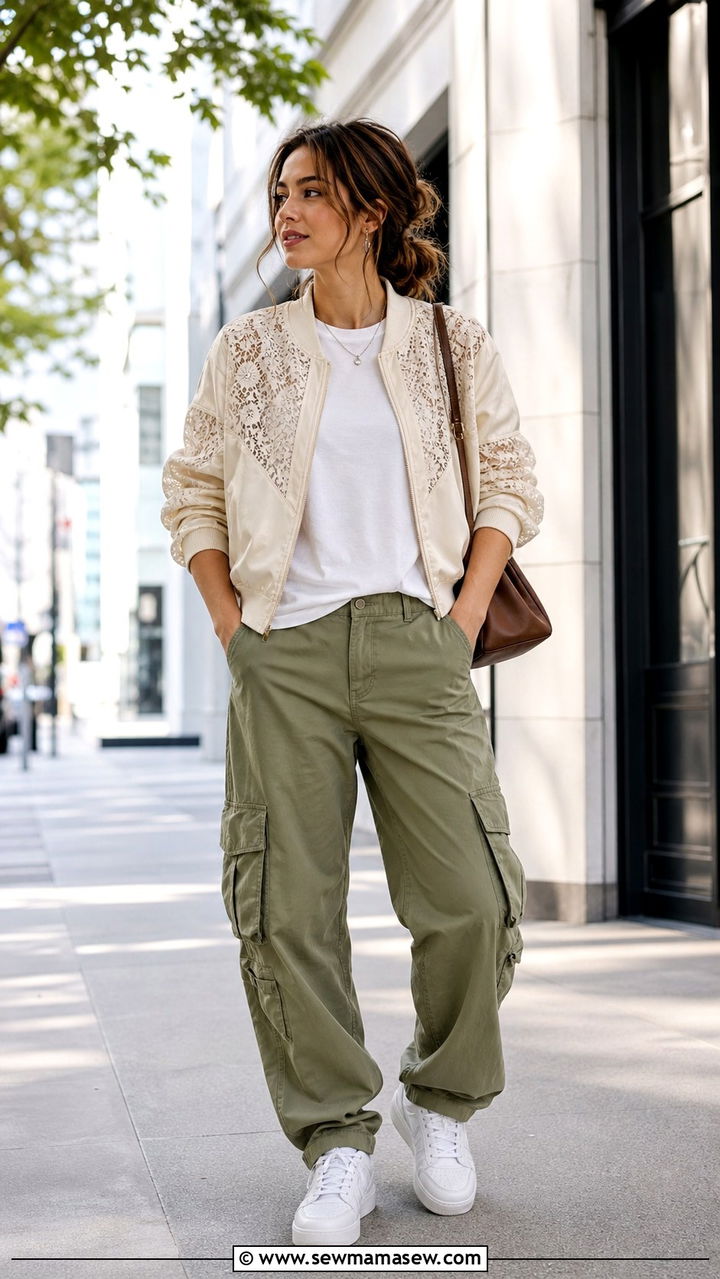 Lace Bomber Jacket and Cargo Pants Outfit - 20 2026 outfits to copy