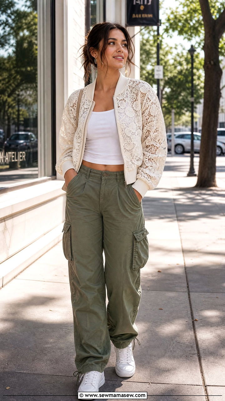 Lace Bomber Jacket with Cargo Pants Outfit - 25 Lace outfit ideas 2026