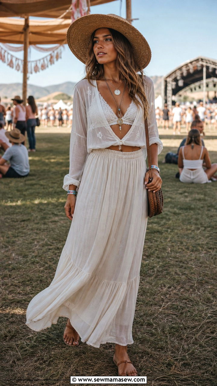 Lace Bralette and Flowy Maxi Skirt Outfit - 40 Summer concert outfit ideas