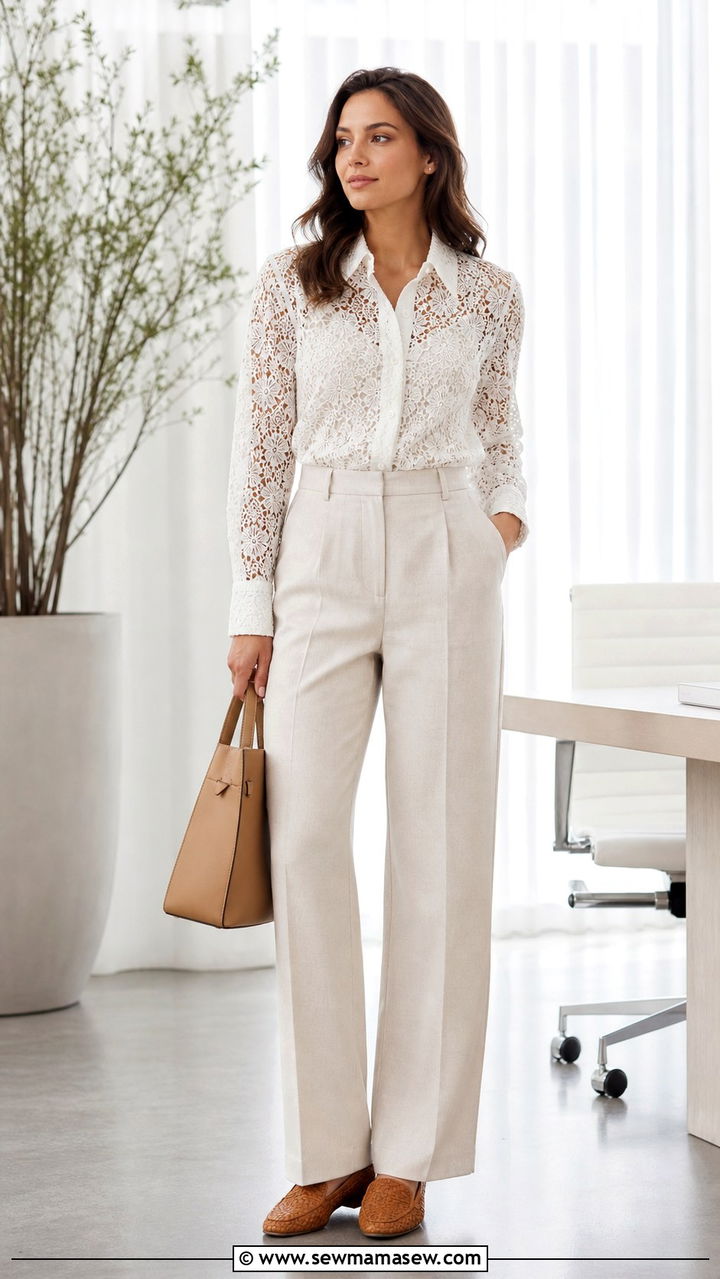 Lace Button Down Shirt With Linen Trousers Outfit - 40 cute lace outfits