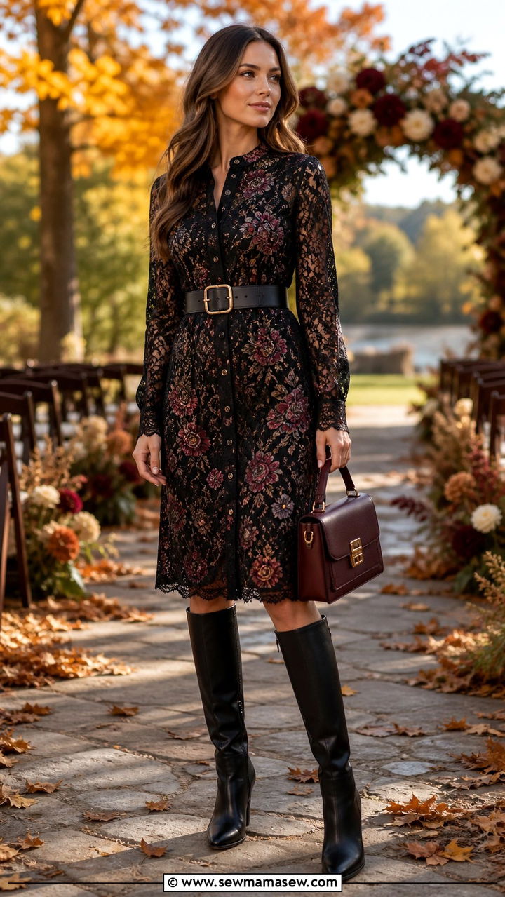 Lace Button Front Dress With Knee High Boots - 40 lace outfits for women