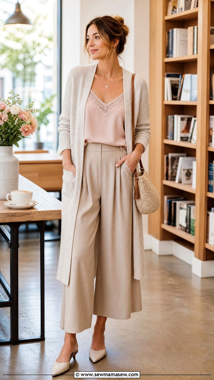 Lace Camisole Under Open Cardigan With Flowy Culottes Outfit - 20 cute poetcore outfits