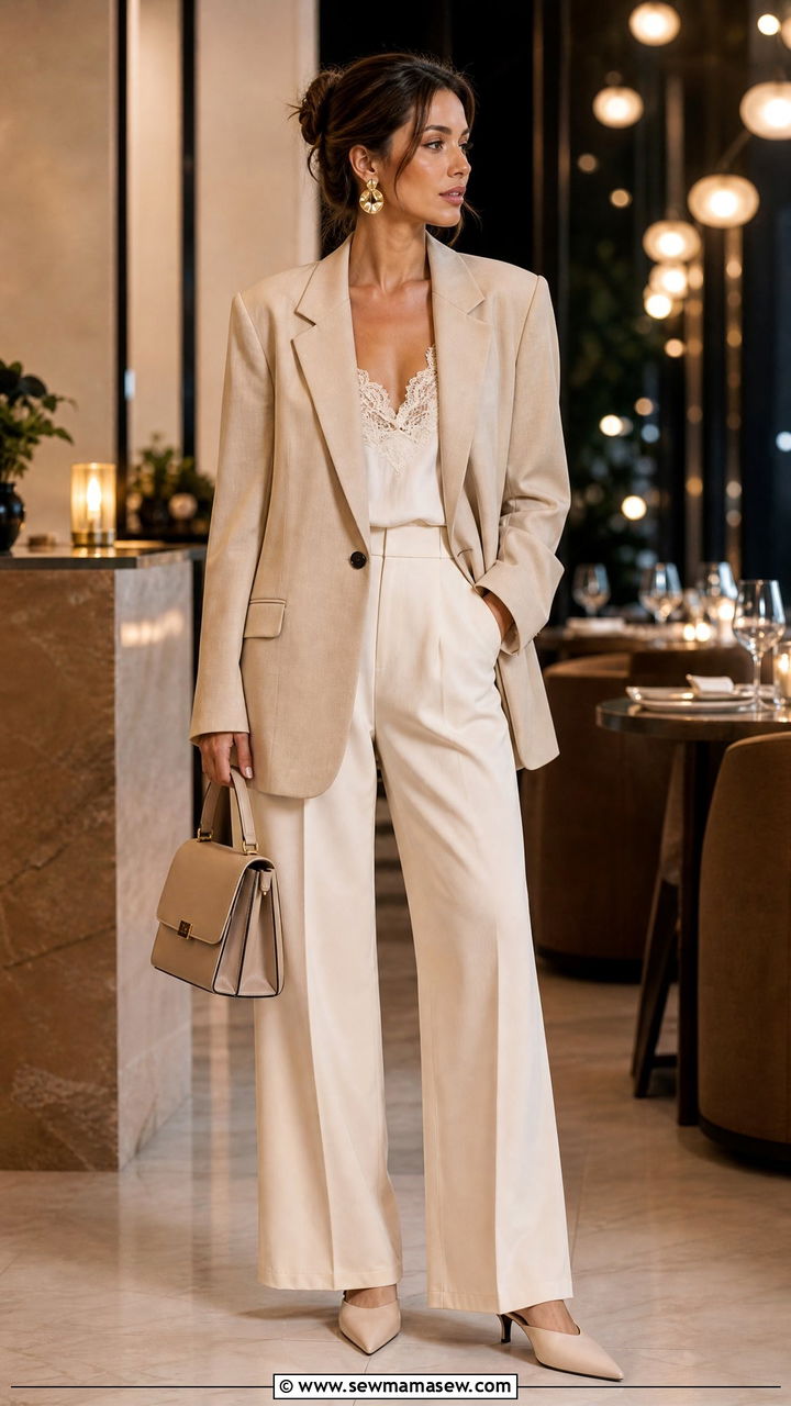 Lace Camisole Under Oversized Blazer With Wide Leg Pants - 25 lace outfits to copy