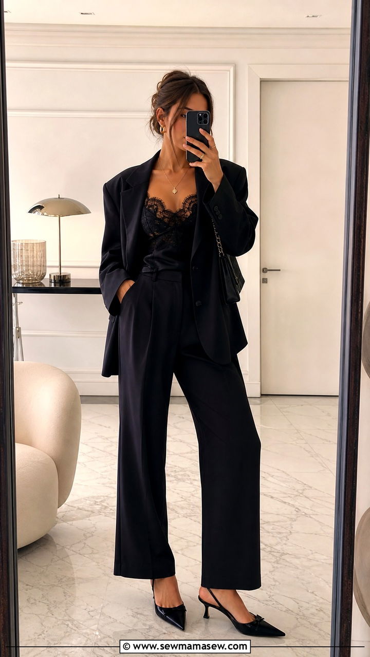 Lace Camisole With Oversized Blazer And Trousers Outfit - 40 cute lace outfits