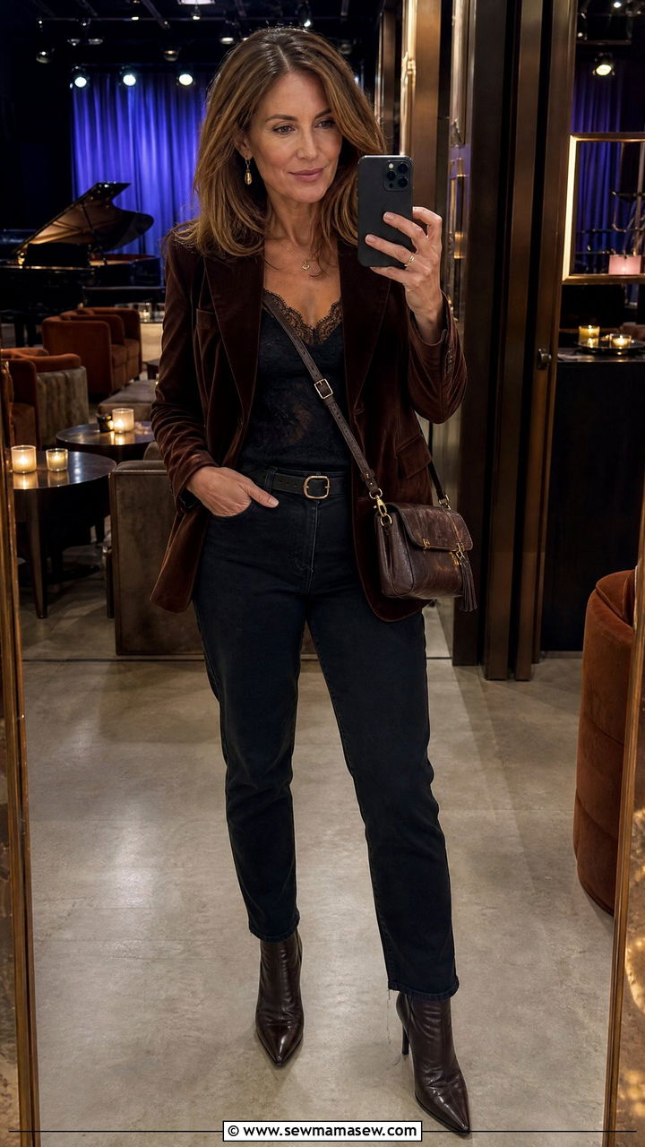 Lace Camisole With Velvet Blazer And Jeans Concert Outfit - 30 Concert outfits for women over 40