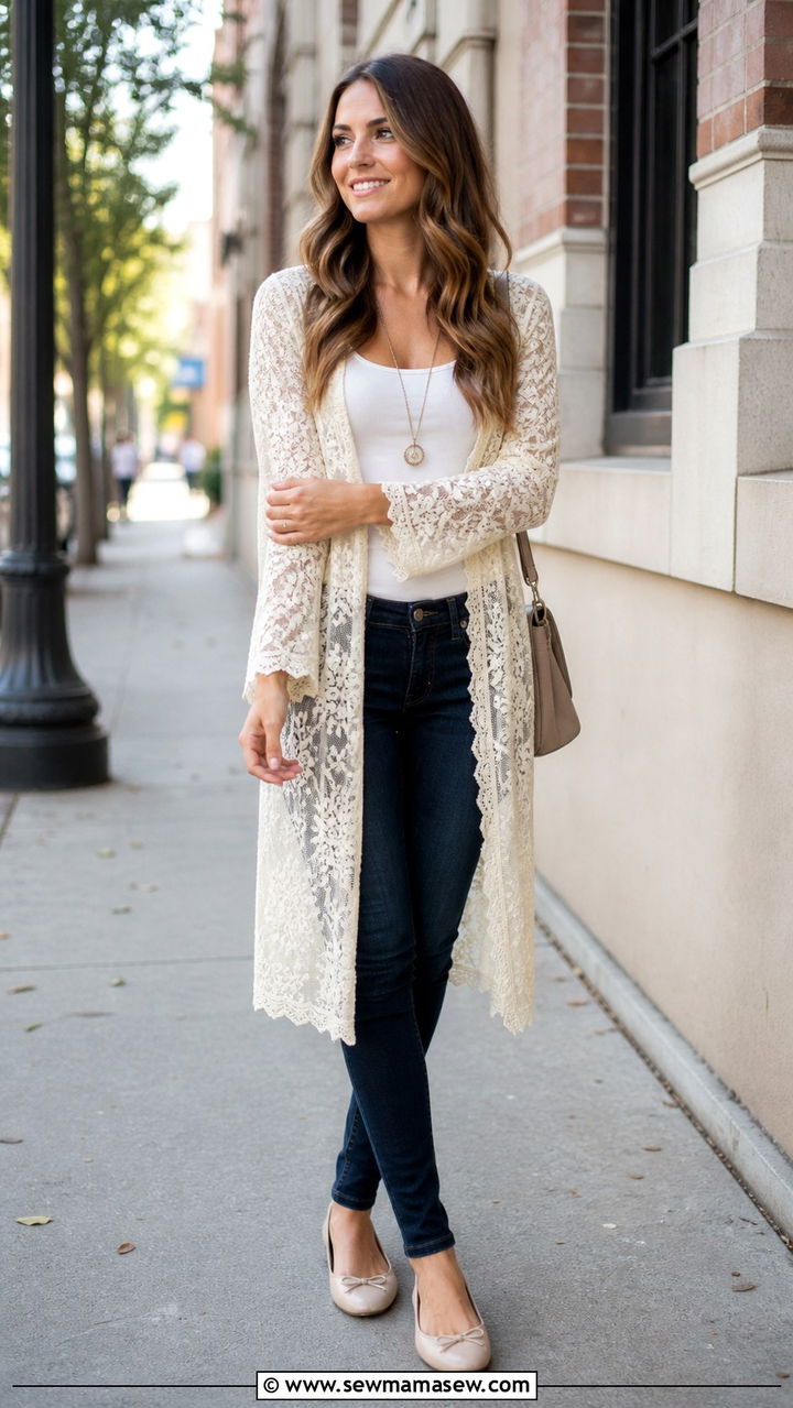 Lace Cardigan Over Tank Top And Skinny Jeans - 40 lace outfits for women