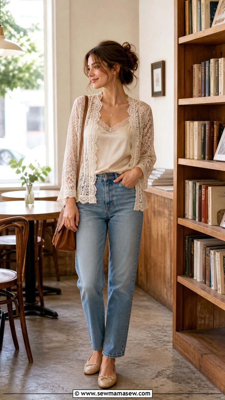 Lace Cardigan With Camisole And Straight Leg Jeans Outfit - 40 cute lace outfits