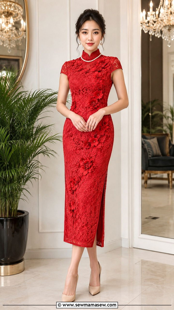 Lace Cheongsam Dress with Pearl Accessories - 30 Lunar new year outfit ideas