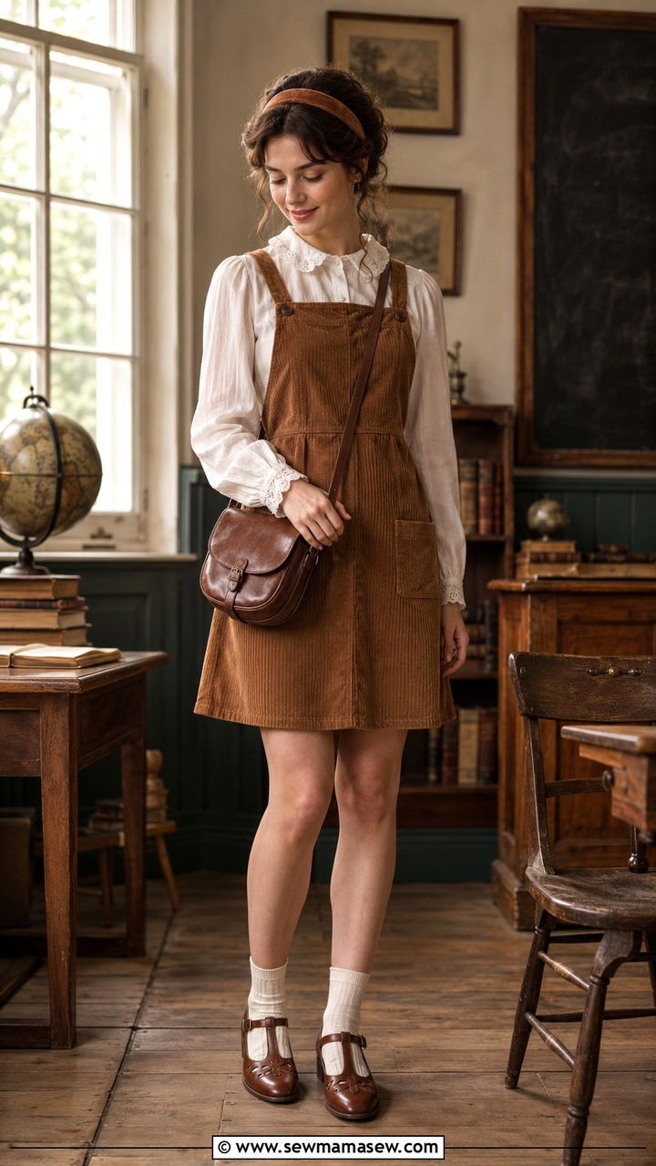 Lace Collar Blouse with Corduroy Pinafore - 30 light academia outfits to copy