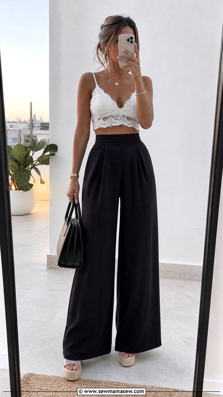 Lace Crop Top With High Waisted Wide Leg Pants - 25 lace outfits inspo