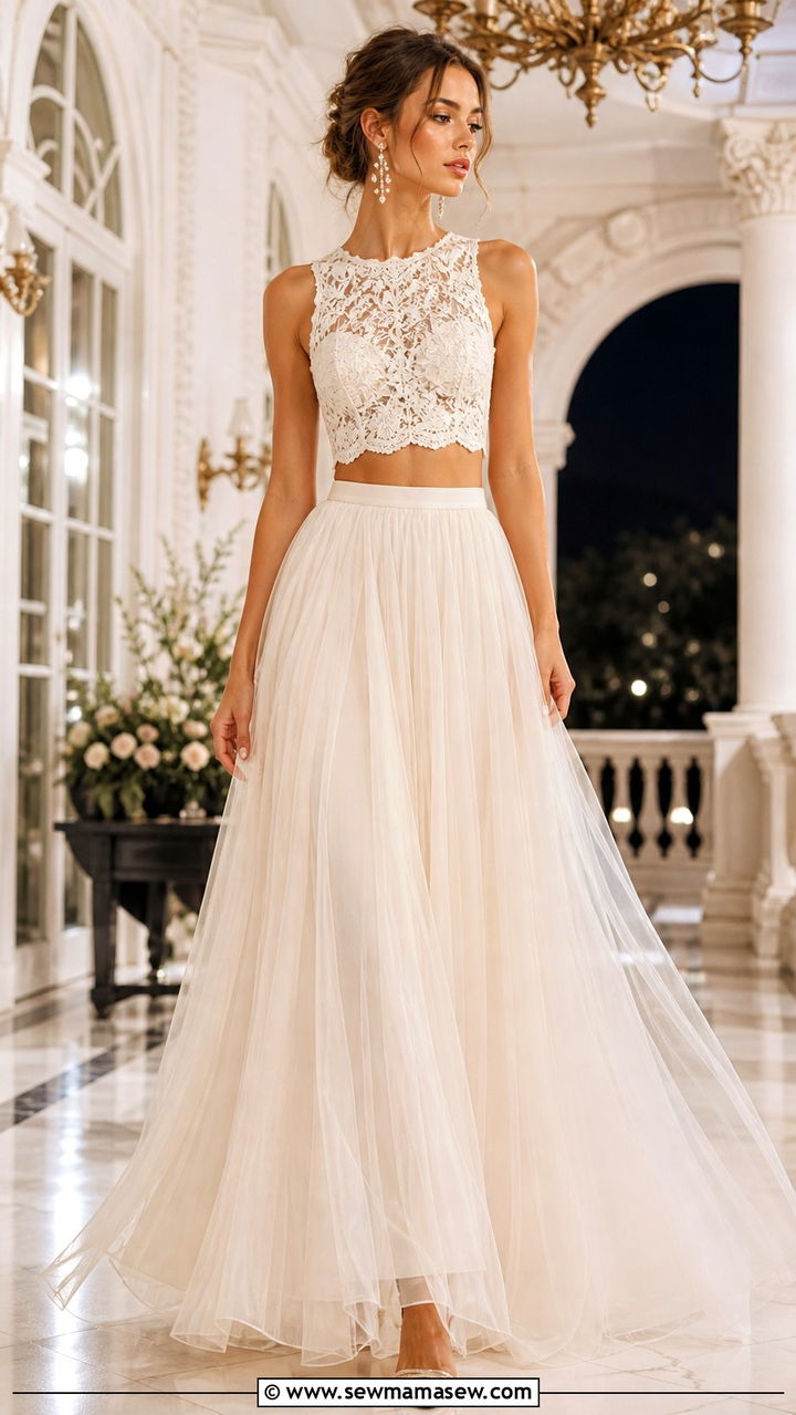 Lace Crop Top with a Tulle Maxi Skirt - 20 Tulle skirt outfit ideas with a crop top