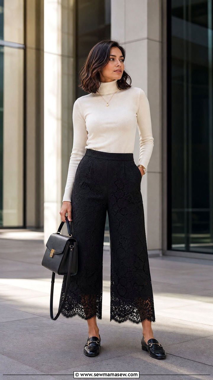 Lace Culottes With A Fitted Turtleneck And Loafers - 25 classy lace outfits