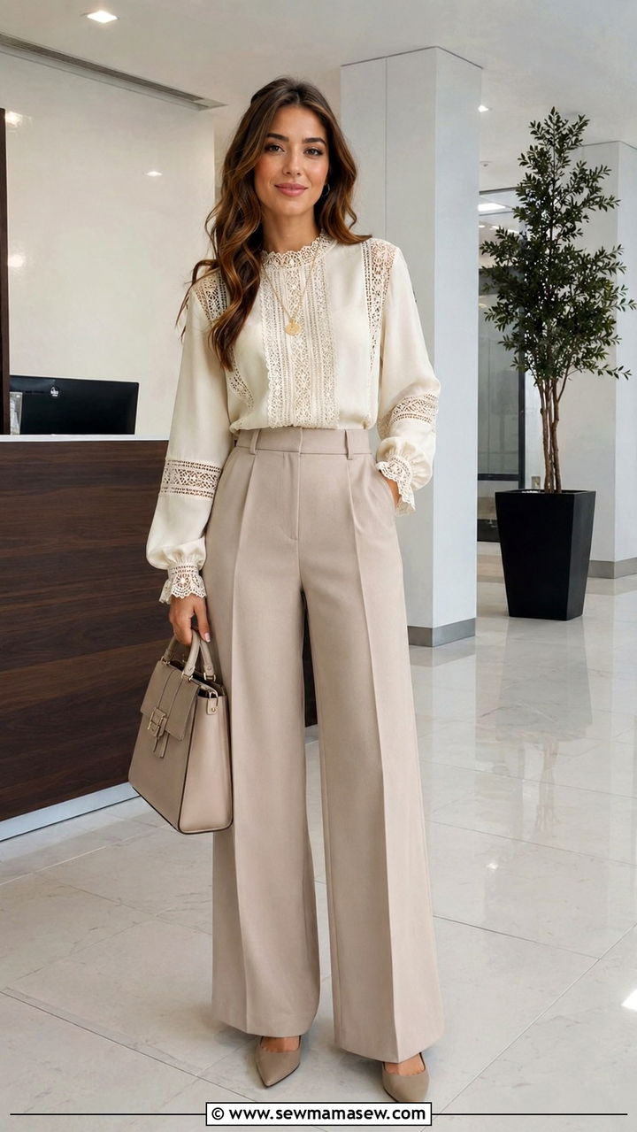 Lace Detail Blouse With Tailored Wide Leg Trousers - 30 Modest outfit ideas boho