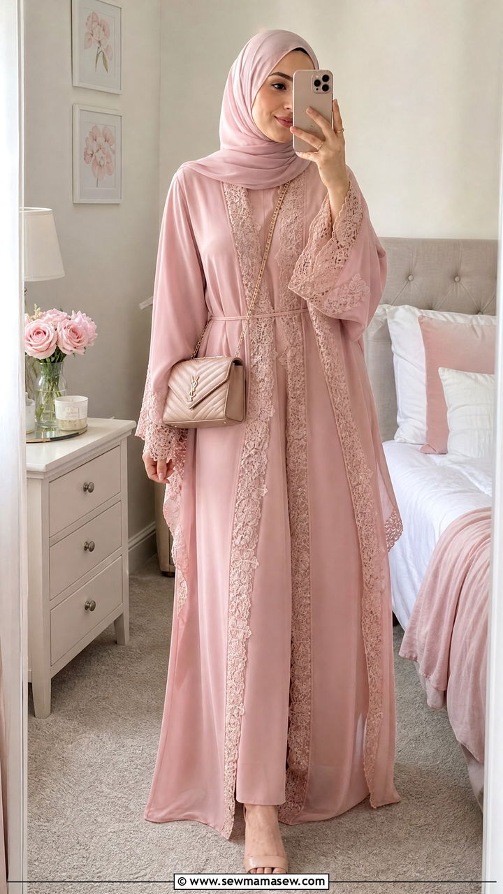 Lace Detailed Abaya with Chiffon Hijab - 30 Eid outfit ideas with hijab