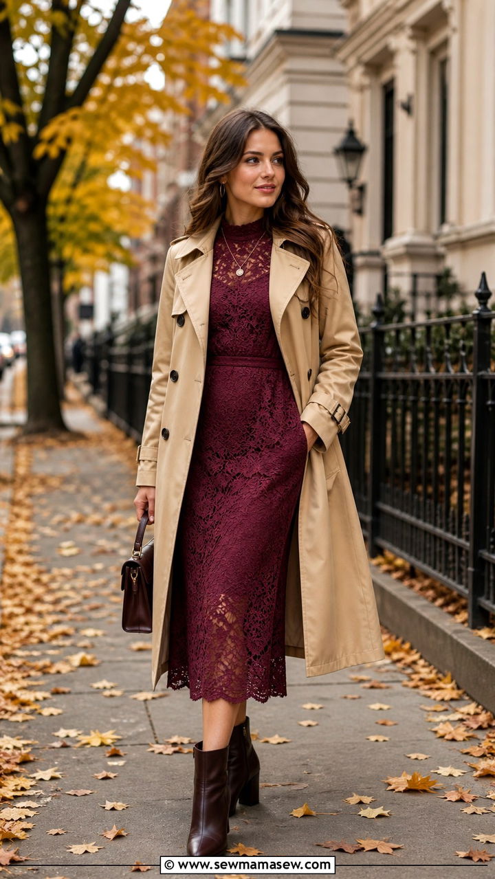 Lace Dress With Ankle Boots And Trench Coat Outfit - 40 cute lace outfits