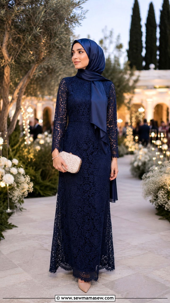 Lace Dress With Silk Hijab - 30 Modest wedding guest outfit ideas with hijab