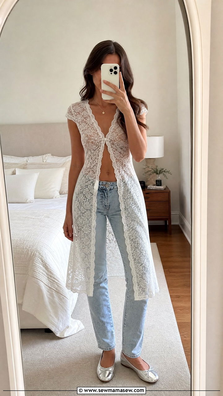 Lace Dress Worn Over Jeans with Ballet Flats - 35 lace outfits