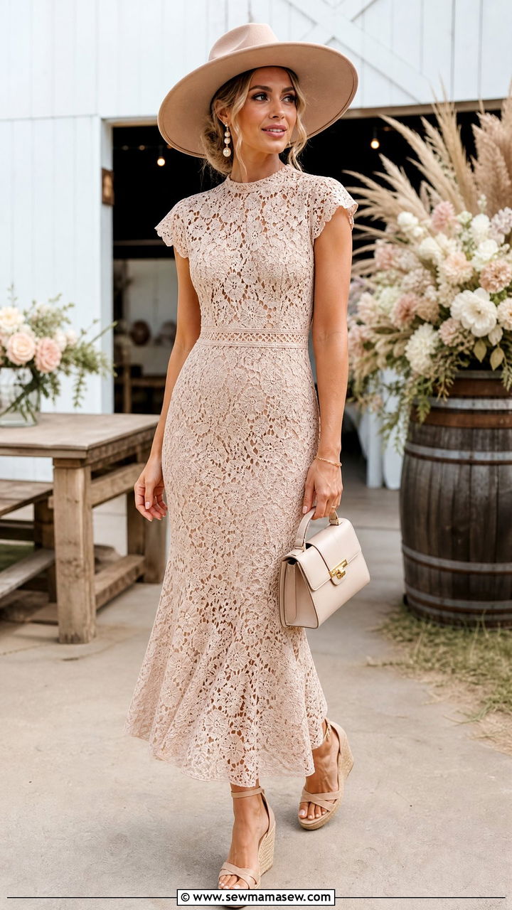 Lace Dress with Wide Brim Hat and Wedge Heels - 25 Farm wedding guest outfit ideas