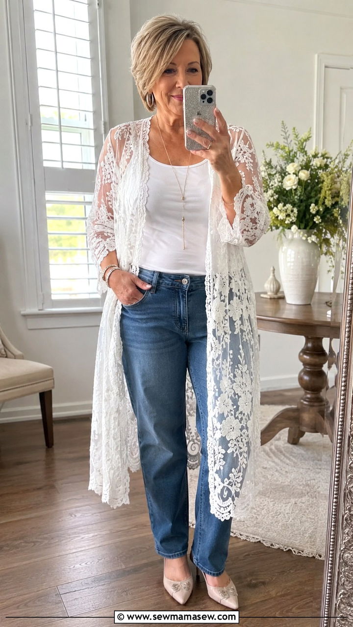 Lace Duster with White Tank and Straight Leg Jeans - 25 Plus size outfits for women over 60