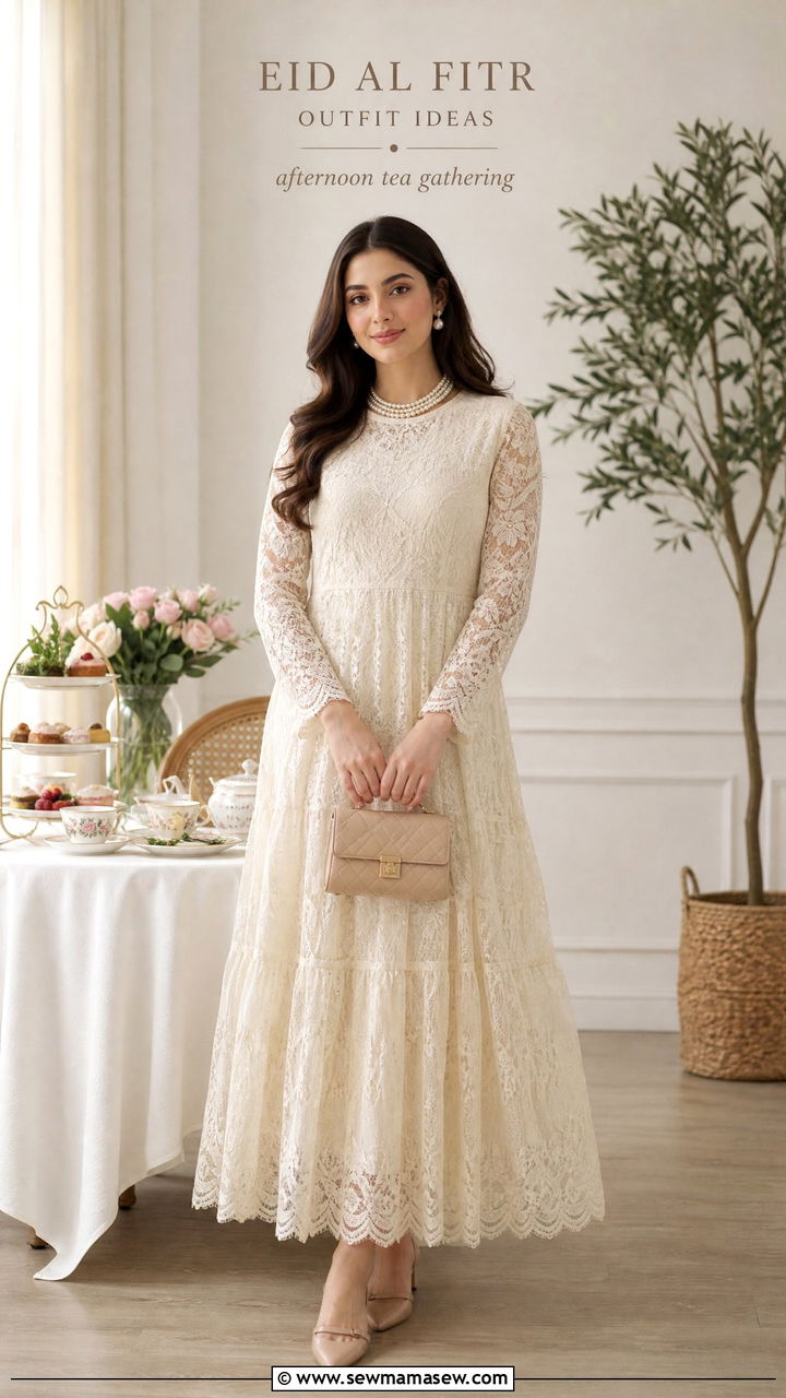 Lace Embroidered Maxi Dress with Pearl Jewelry - 30 Eid al Fitr outfit ideas