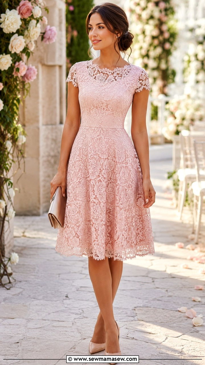 Lace Fit And Flare Dress With Nude Pointed Pumps - 25 Wedding guest outfit ideas hourglass