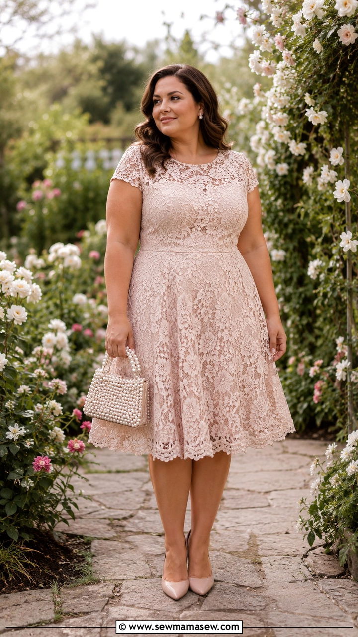 Lace Fit And Flare Dress With Nude Pumps - 25 Wedding guest outfit ideas size 18
