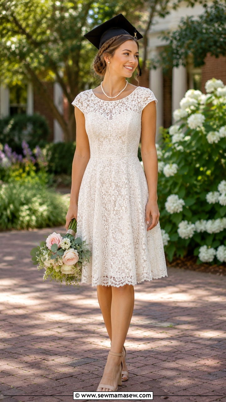 Lace Fit and Flare Dress with Pearl Jewelry - 30 graduation outfits ideas