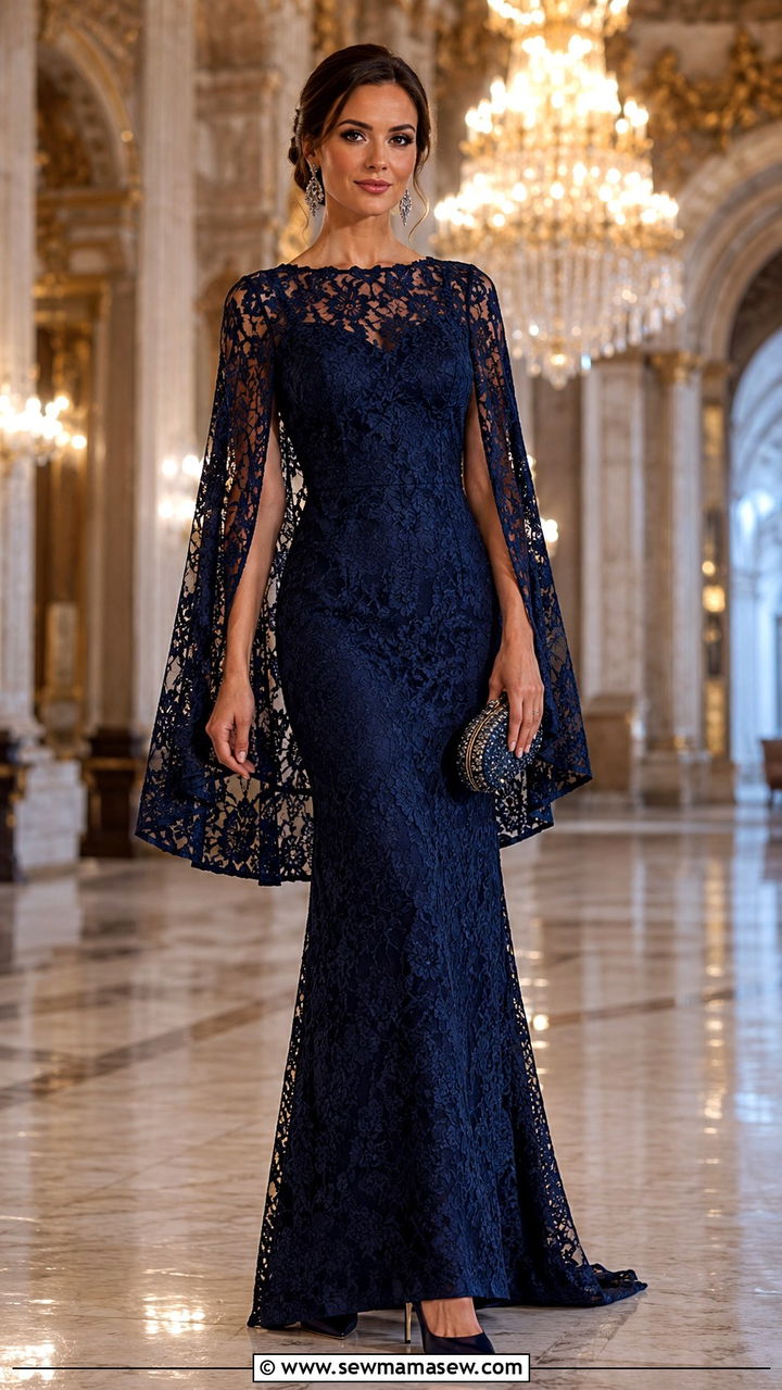 Lace Fitted Cape Sleeve Gown - 20 Wedding guest outfit ideas with cape sleeves
