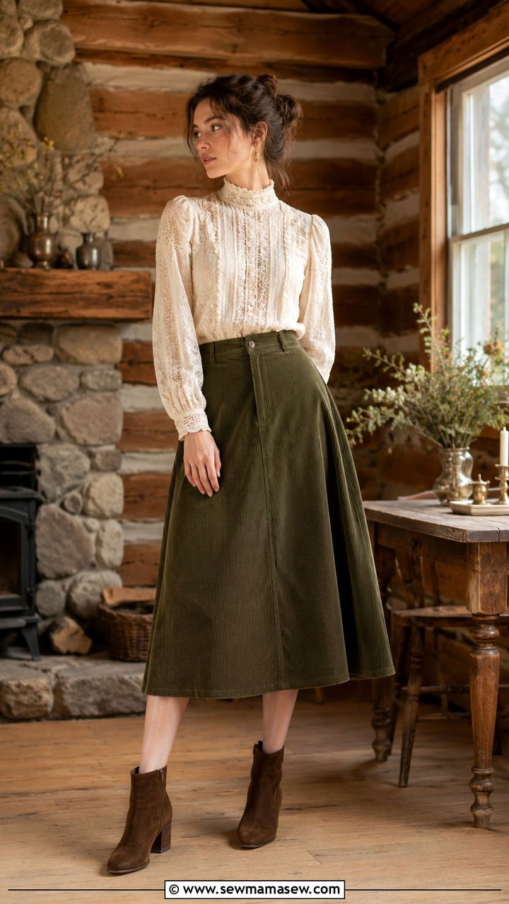 Lace High Neck Blouse And Corduroy Midi Skirt - 25 poetcore outfits to copy