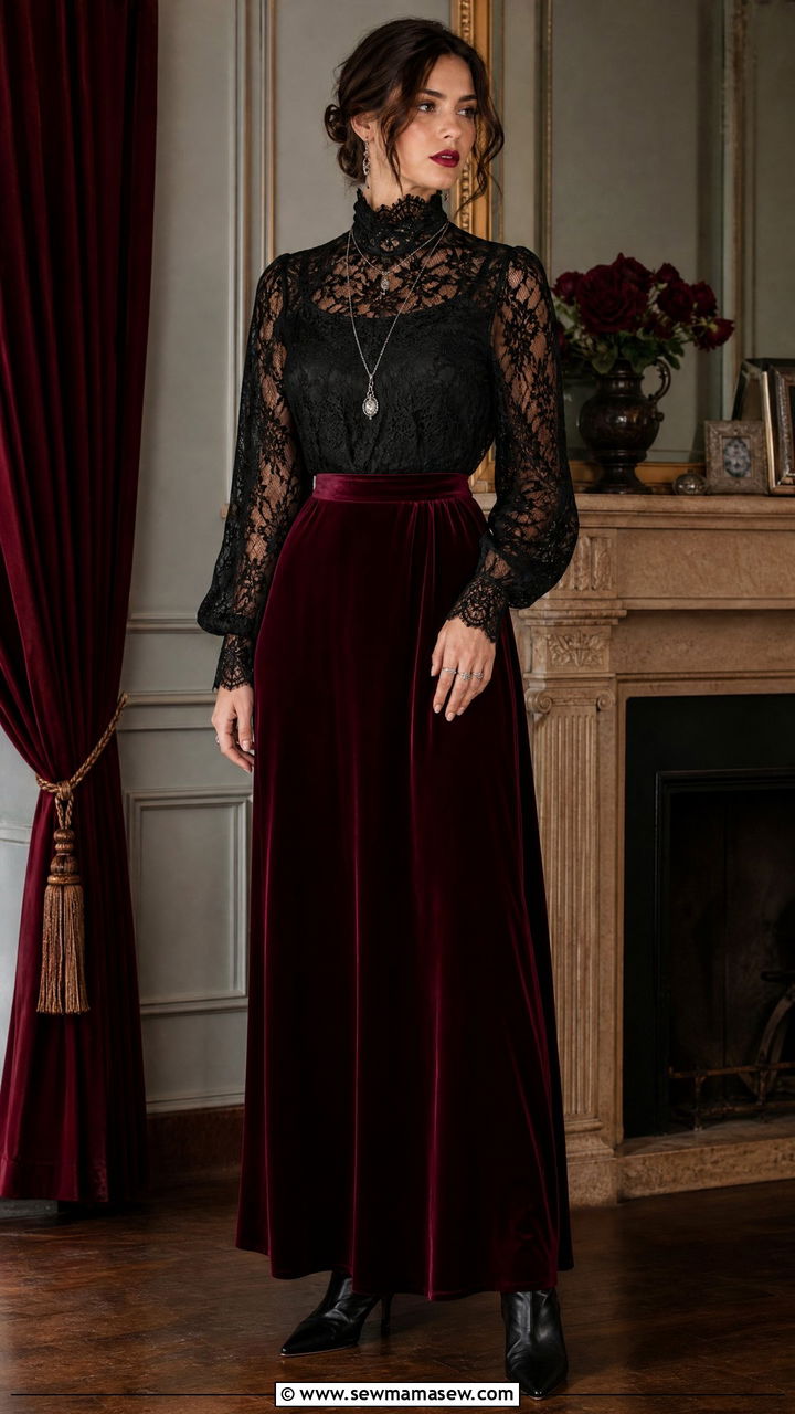 Lace High Neck Blouse With Velvet Maxi Skirt - 30 Dark romance outfit ideas