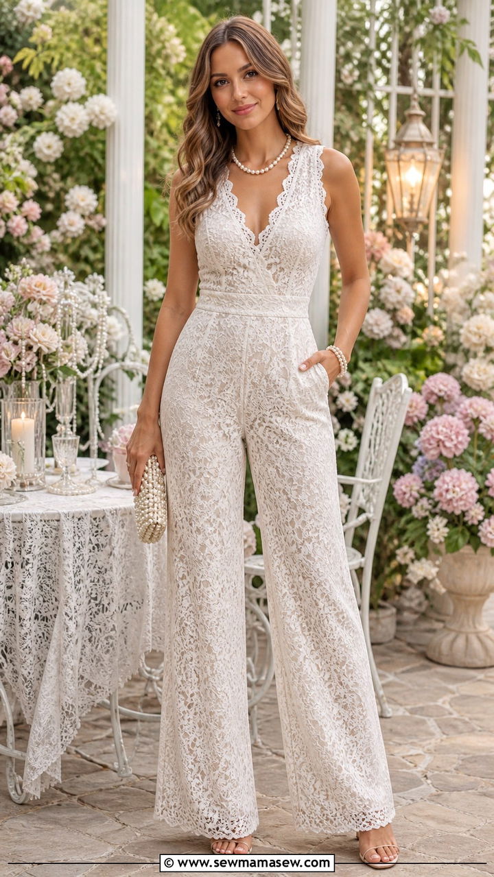 Lace Jumpsuit with Pearl Accessories - 30 How to style a jumpsuit for a wedding