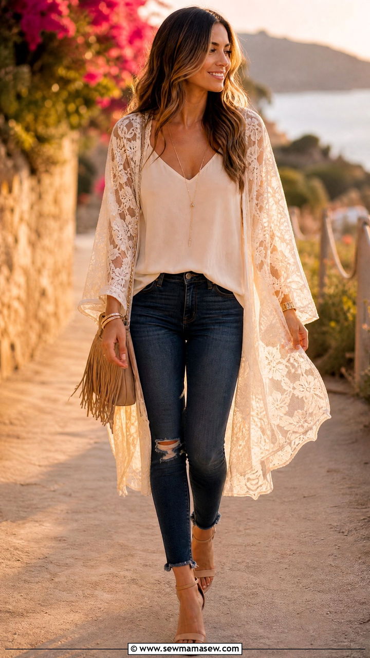 Lace Kimono Over A Camisole And Skinny Jeans - 25 classy lace outfits