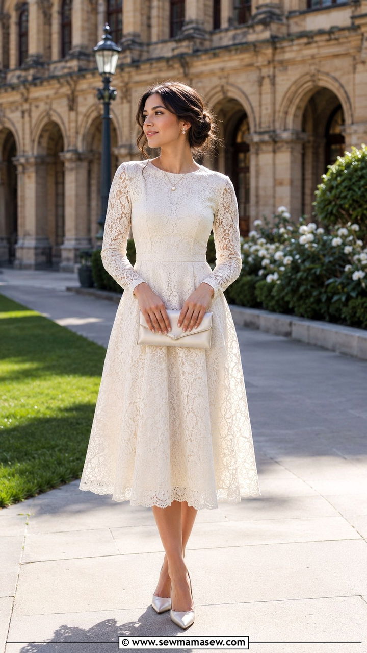 Lace Long Sleeve Dress With Heels - 30 modest graduation outfit ideas
