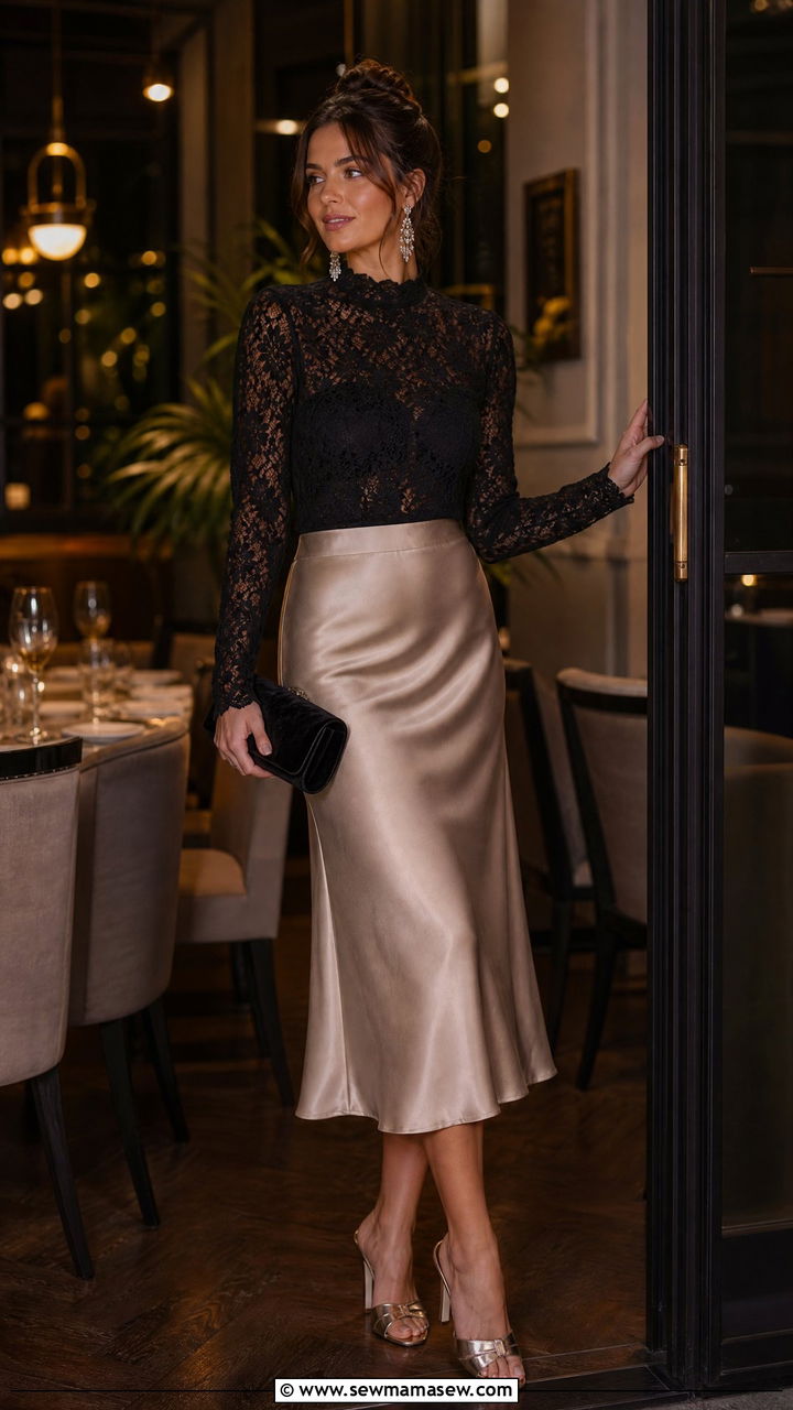 Lace Long Sleeve Top With Satin Midi Skirt Outfit - 35 lace outfits ideas