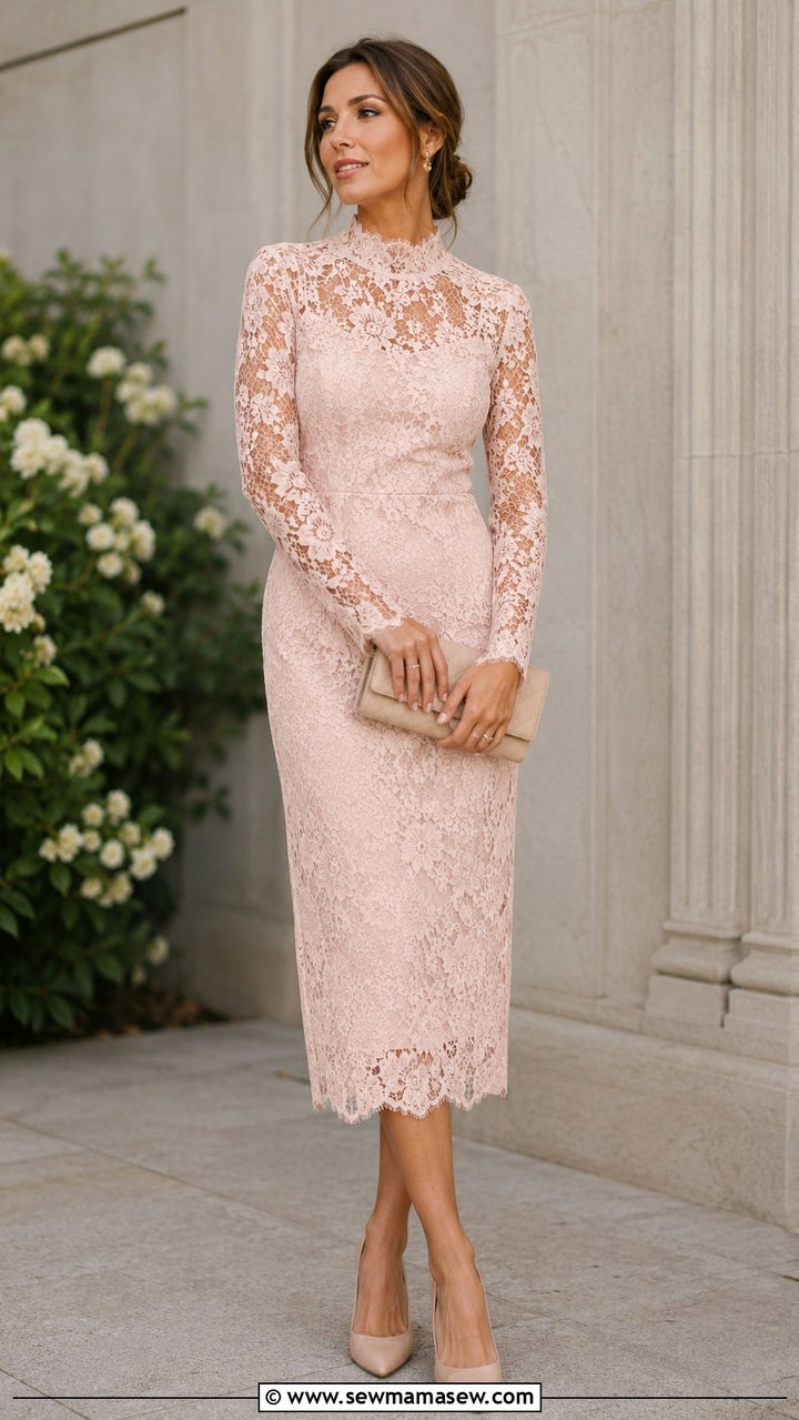 Lace Long Sleeve Wedding Guest Dress - 30 modest spring wedding guest outfit ideas