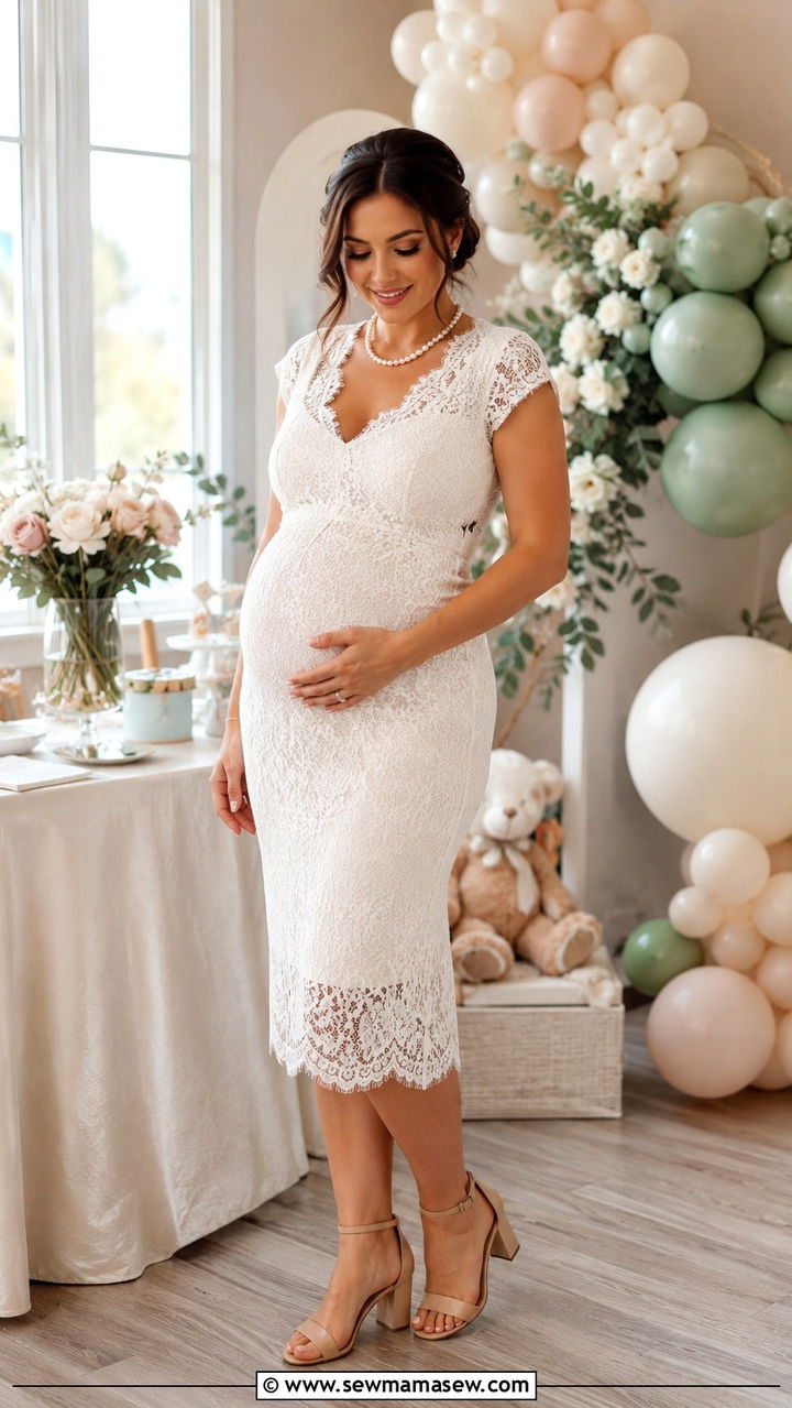 Lace Maternity Dress with Pearl Accessories - 25 Baby shower outfit ideas hostess