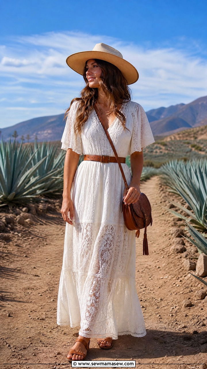 Lace Maxi Dress With Straw Hat Mexico Cultural Site Outfit - 35 Mexico vacation outfits
