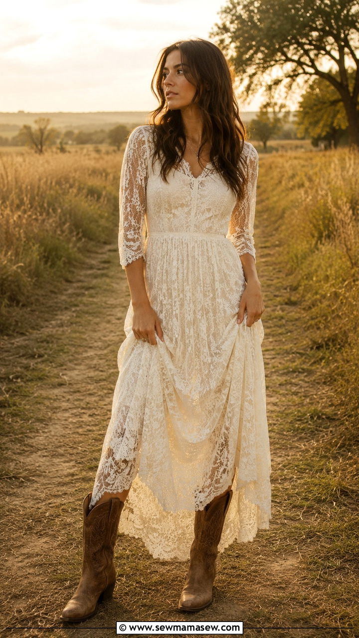Lace Maxi Dress with Cowboy Boots - 30 Maxi dress with cowboy boots outfit ideas