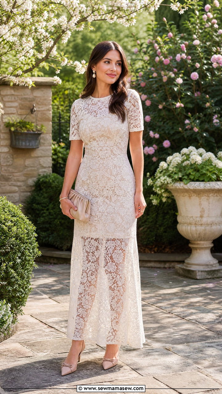 Lace Maxi Dress with Kitten Heels Outfit - 30 Maxi dress with heels outfit ideas