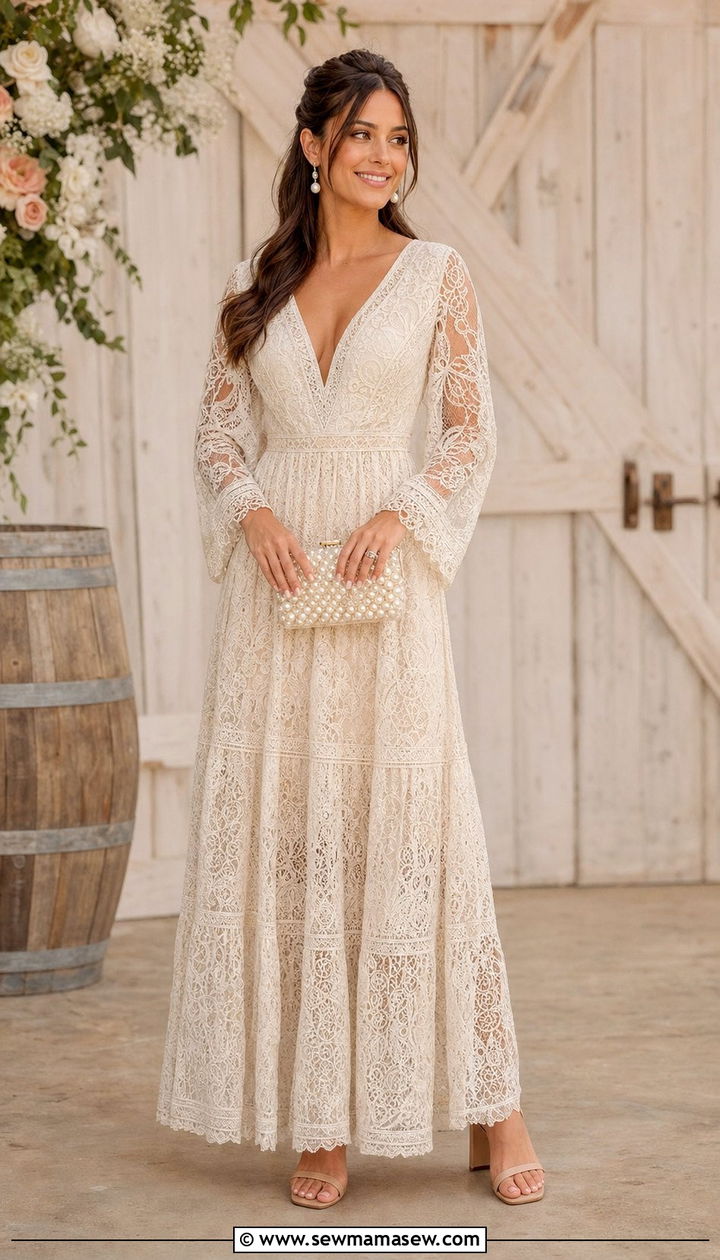 Lace Maxi Dress with Nude Block Heels - 35 Boho wedding guest outfits