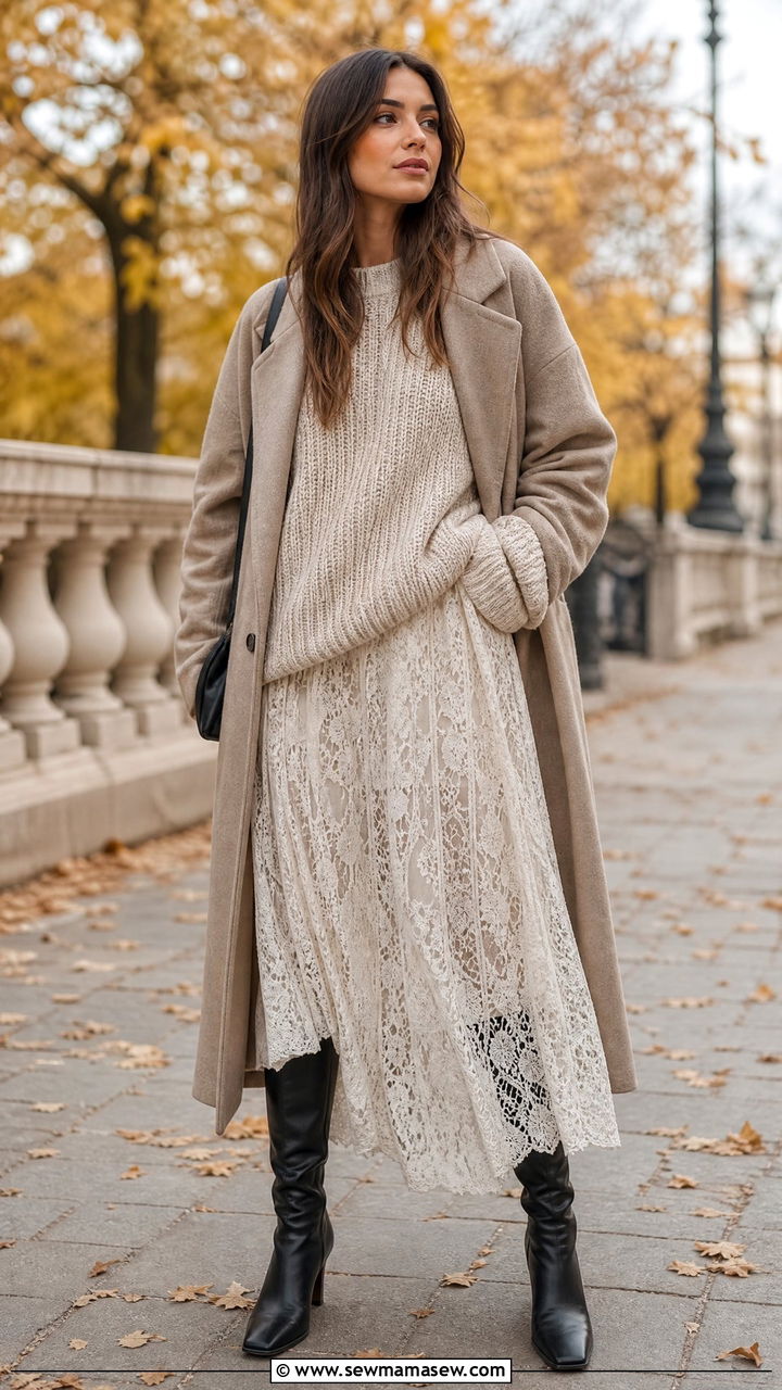 Lace Maxi Dress with Oversized Knit Sweater and Knee High Boots - 25 Lace dress outfit ideas 2026