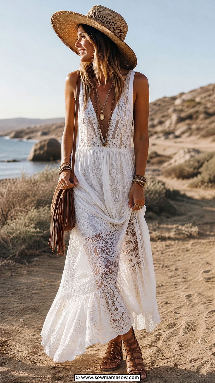 Lace Maxi Dress with a Wide Brim Hat and Gladiator Sandals - 25 Lace dress outfit ideas 2026