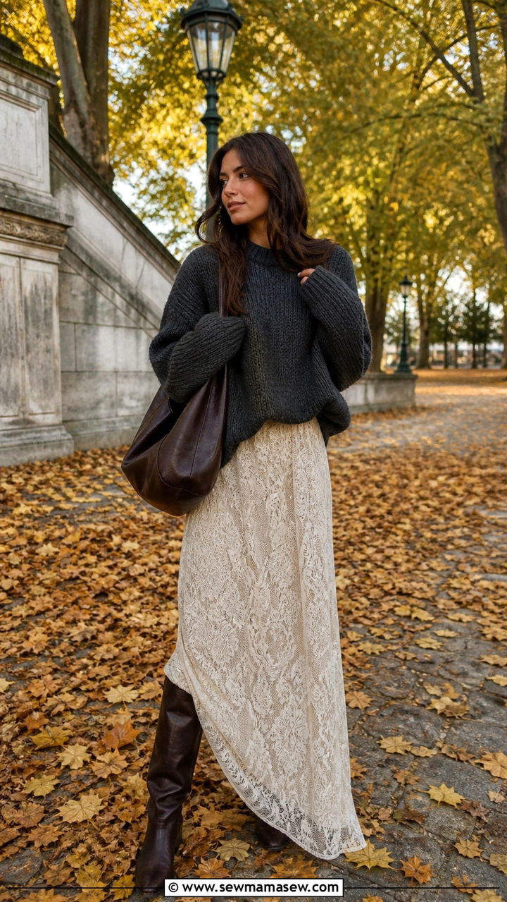Lace Maxi Skirt With Chunky Knit Outfit - 40 casual lace outfits