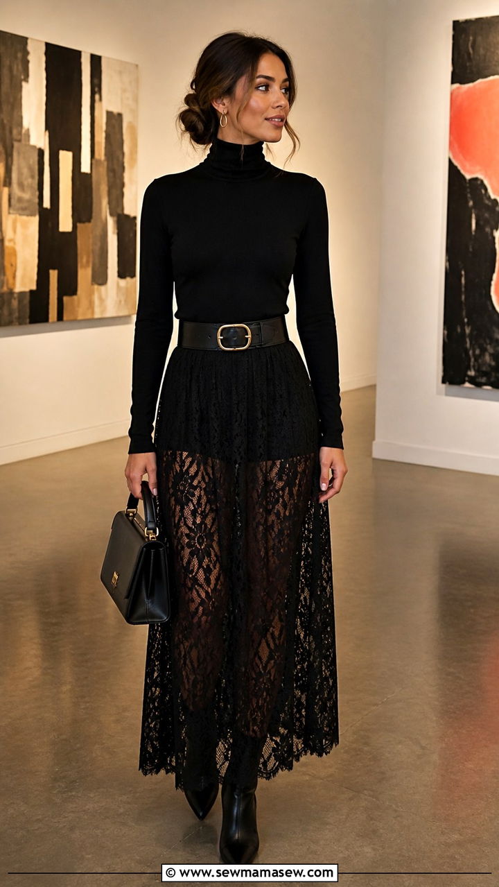 Lace Maxi Skirt With Fitted Turtleneck - 40 lace outfits for women