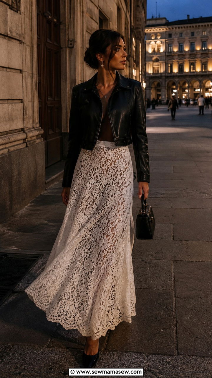 Lace Maxi Skirt with a Leather Jacket - 40 Milan outfit ideas