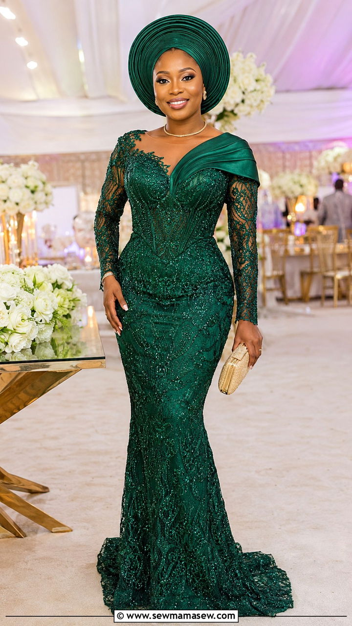 Lace Mermaid Gown With Gele - 25 Wedding guest outfit ideas Nigerian wedding