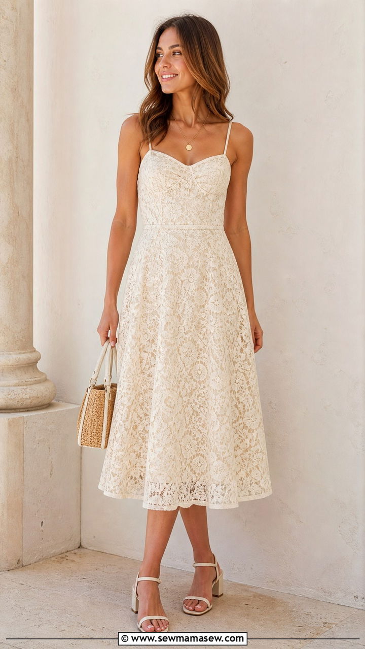 Lace Midi Dress With Block Heel Sandals And Straw Bag - 40 Boho outfit ideas 2026