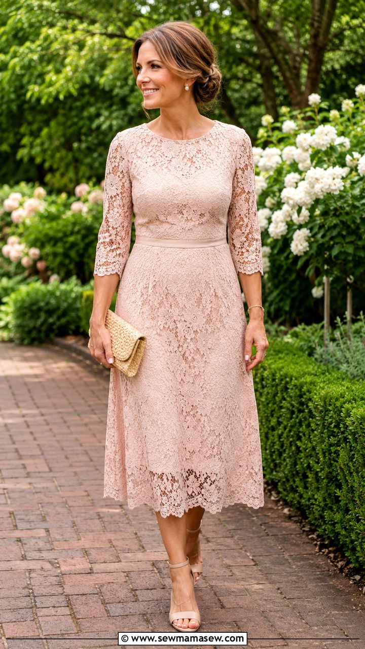 Lace Midi Dress With Block Heels - 30 romantic outfit ideas for women over 40