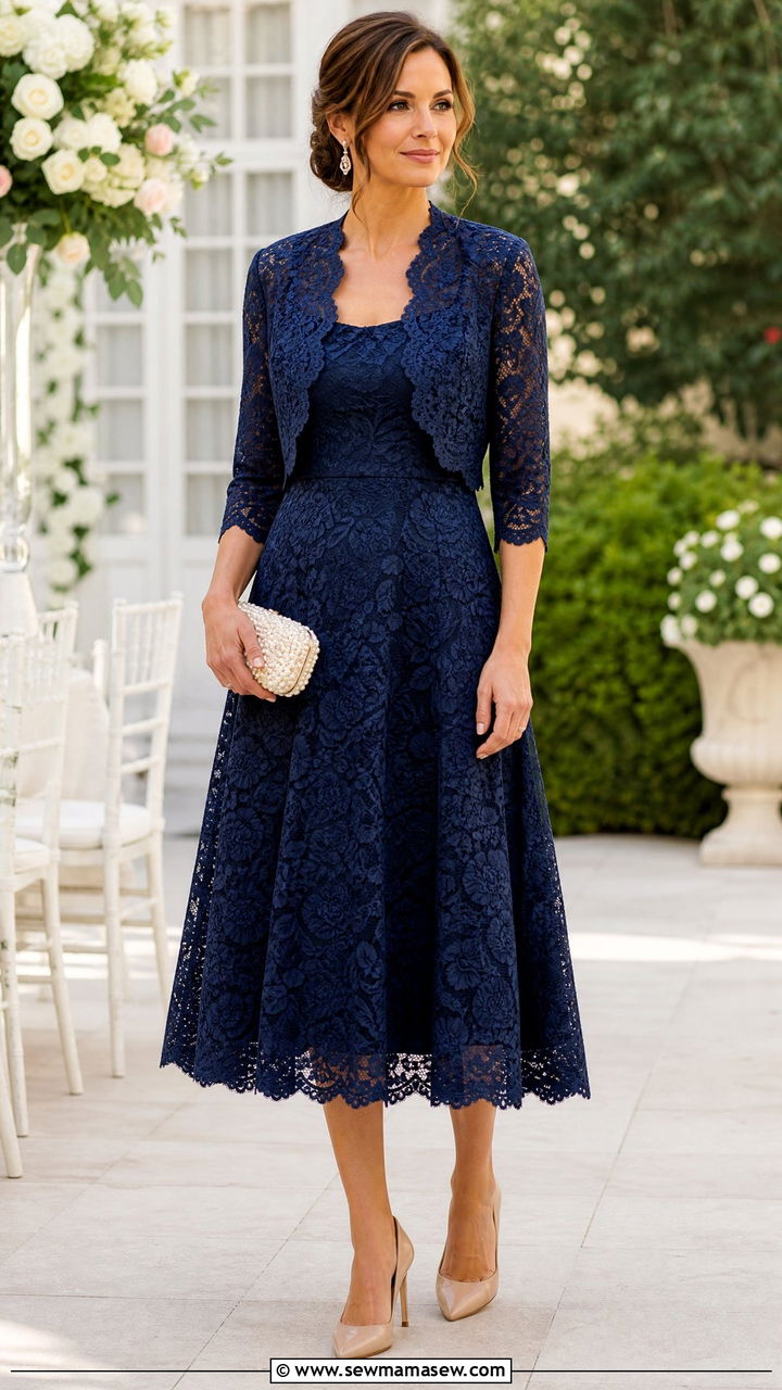 Lace Midi Dress With Bolero Jacket and Pointed Pumps - 30 Midi dress outfit ideas with a jacket