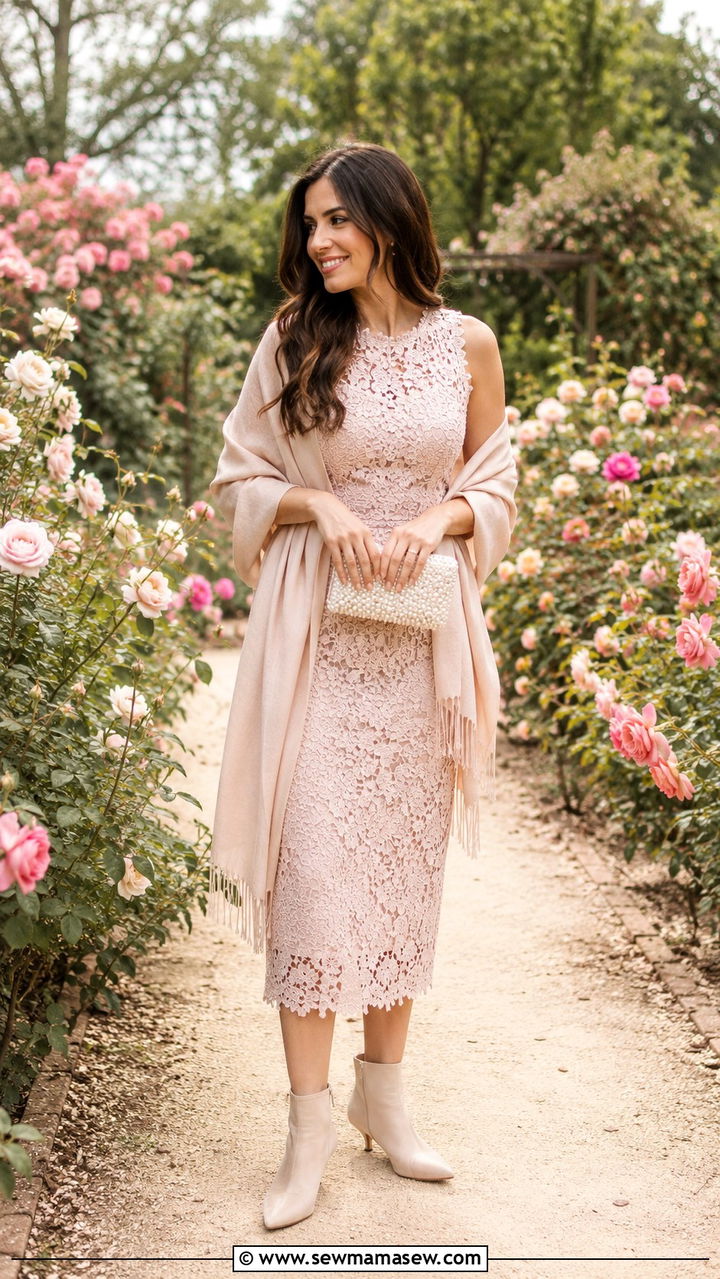 Lace Midi Dress With Kitten Heel Boots - 30 Midi dress outfit ideas with boots